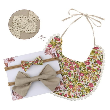 

Amuver Kids Bib Headband Set Baby Flower Print Strappy Burp Cloth+ Bowknot Hairband for Boys Girls