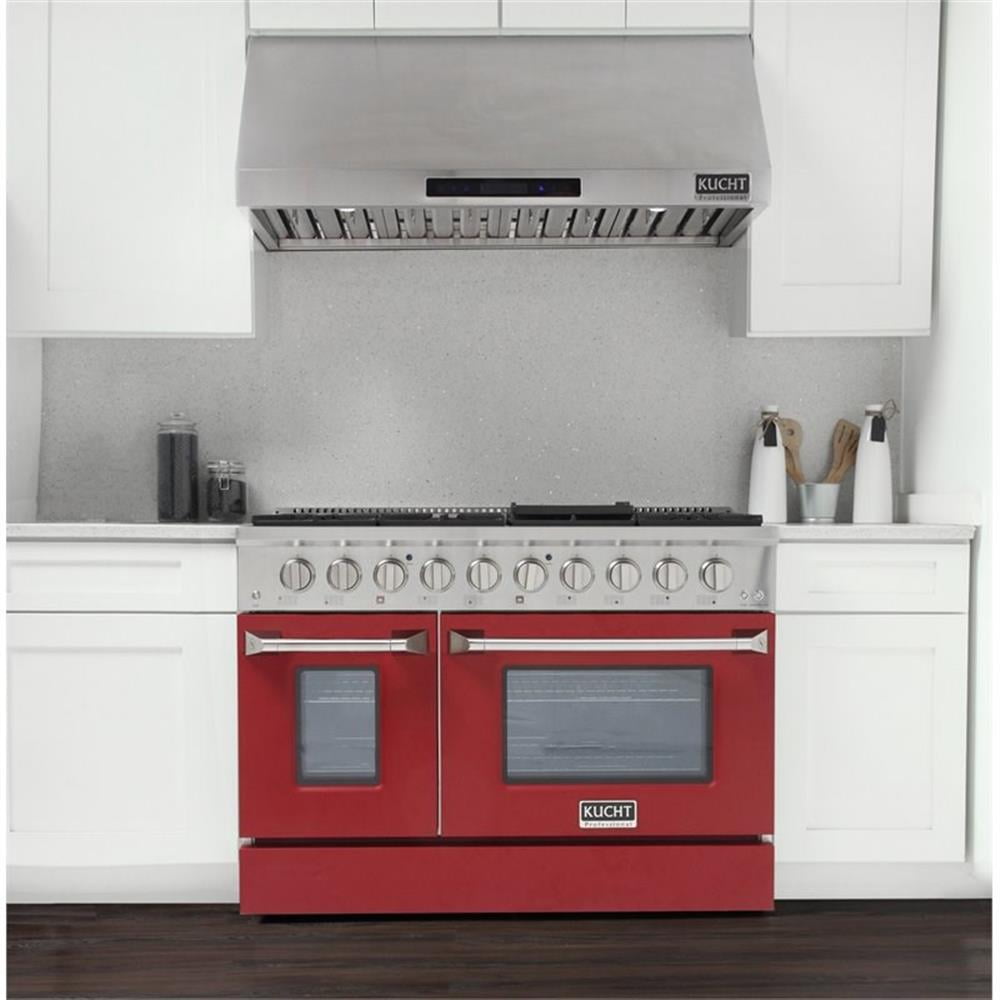 Pemberly Row 48" Stainless Steel Natural Gas Range in Silver/Red