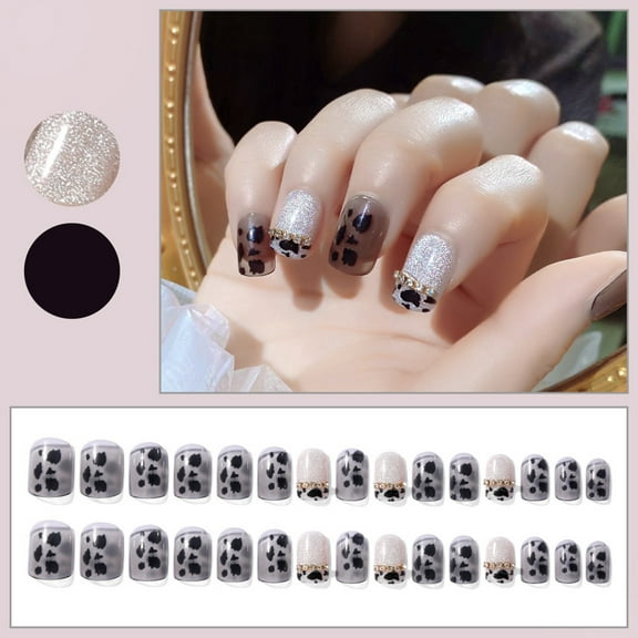 Cow Print Nails 24 Pack Reusable Acrylic Nail Stickers Wear Tips For Women Girls Manicure Decorations