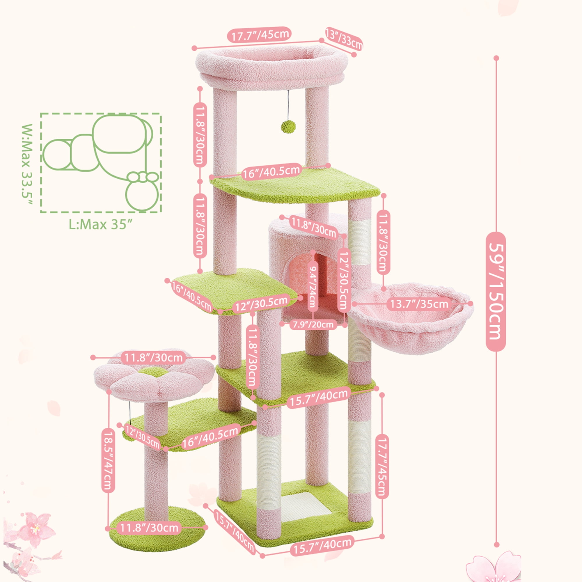 Pefilos 59" Multi-Level Cat Tree House with Large Hammock, Scratching Post, 2 Perches, Cat Tower with 3 Removable Pompom Sticks, Cat Condo, Pink Pefilos 59" Multi-Level Cat Tree House with Large Hammock, Scratching Post, 2 Perches, Cat Tower with 3 Removable Pompom Sticks, Cat Condo, Pink