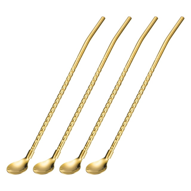 Unique Bargains 4Pack 8.6' Stainless Steel Spoon Straws Reusable Twist Handle Spoon, Gold
