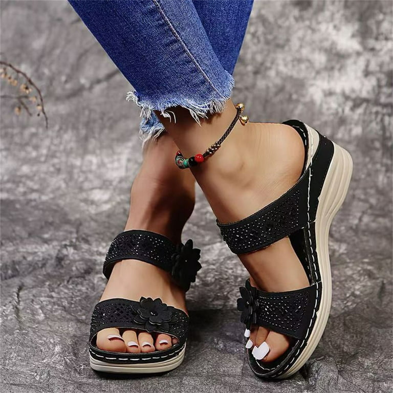 keusn two band wedge slide sandal for women open toe breathable beach  sandals slip-on casual wedges shoes black size 7.5 