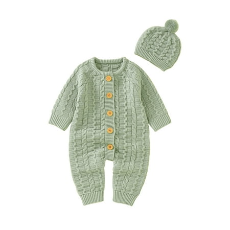 

wybzd Autumn Infant Baby Girls Boys Knit Jumpsuit Set Long Sleeve Button Solid Romper Hat Fall Clothes Green 6-12 Months