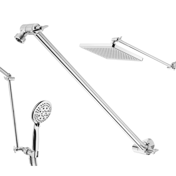 15'' Extra Long Shower Head Extension Arm By Sycatree - 15'' Solid Brass Chromed Shower Arm Extension with Universal Connection to Showerheads - Locking Nuts, Height and Range Adjustable