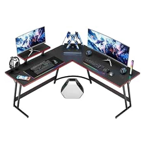 SONGMY L Shaped Gaming Desk Computer Corner Desk PC Gaming Desk Table with Large Monitor Riser Stand for Home Office Sturdy Writing Workstation (Black, 51 Inch)