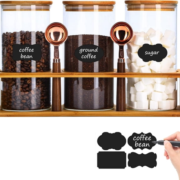 Glass Coffee Containers Airtight Coffee Bean Storage Canisters with Shelf, 3Pcs 44oz Coffee Station Organizer, Kitchen Food Storage Jars for Sugar, Candy, Oats, Nuts