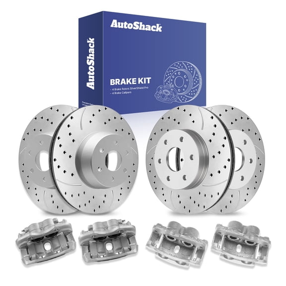 AutoShack Front Vented & Rear Vented Drilled & Slotted Silver Zinc Coated Brake Rotors Calipers 8-PC Brake Kit Replacement for 2003-2008 Chevrolet Express 1500 2002-2006 GMC Yukon SilverShield Pro