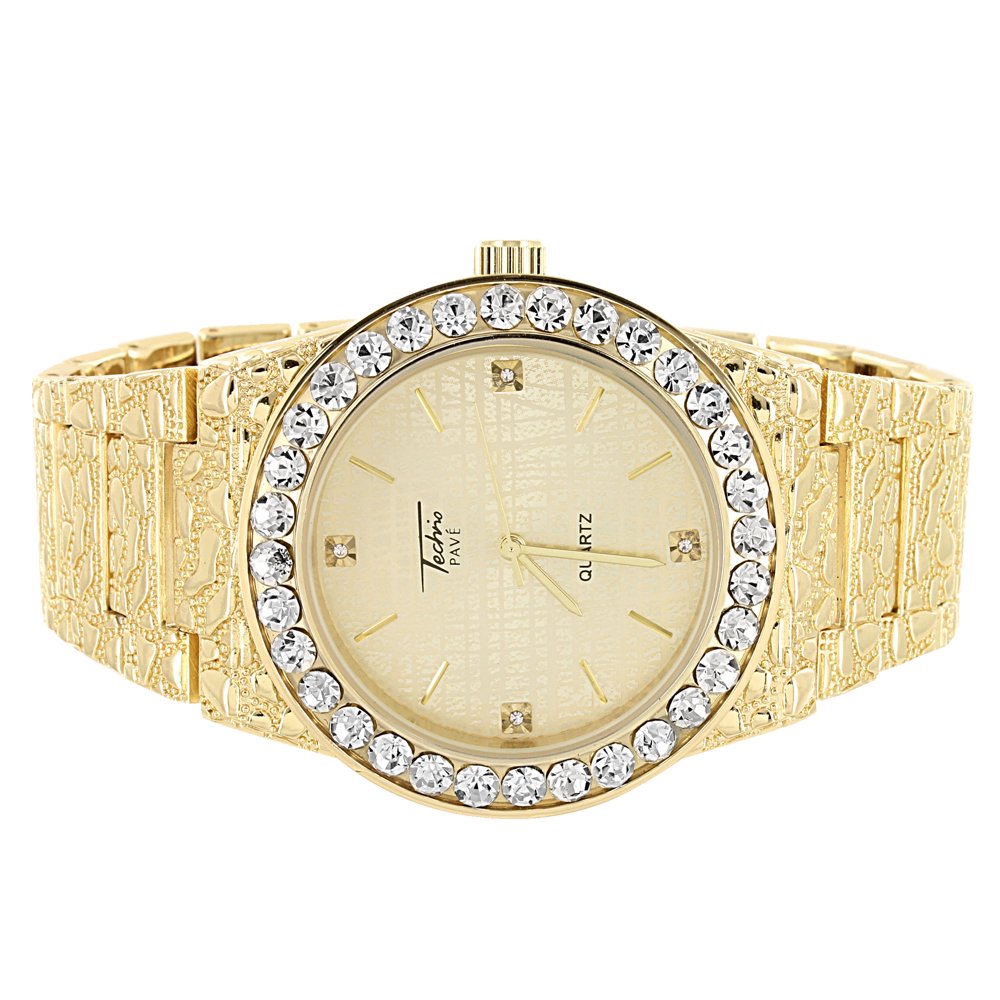 Master Of Bling Men's Gold Face Gold Tone Nugget Band Techno Pave
