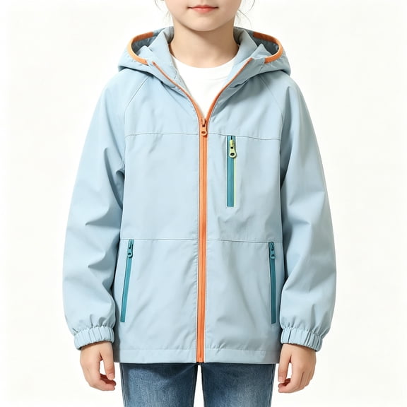 BCSIOAOI Girls Jacket,Hooded Elastic Cuffs Zipper Windproof Outdoor Jacket with Pockets Light Blue 5-6 Years