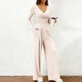 thumbnail image 4 of NMMUED 2 Piece Outfits for Women Long Sleeve Wrap V Neck Top Pleated Wide Leg Pants Set Casual Elegant Lounge Matching Suits Beige L, 4 of 9
