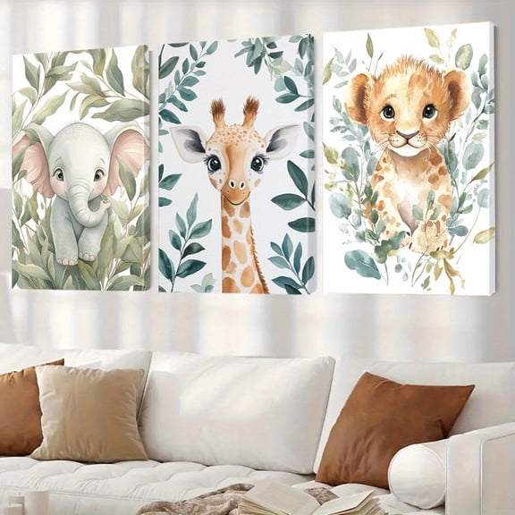 3pcs Canvas Wall Art for Kids Room, Watercolor Baby Elephant Giraffe Lion Picture, Cute Safari Jungle Animals 3 Panel Artwork, Framed Wall Decor for Nursery Bedroom Playroom