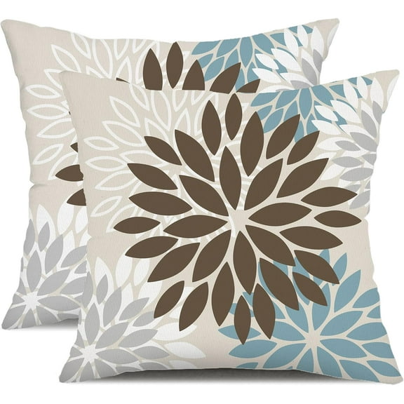 Brown Blue Flower Pillow Covers 20x20 Inch Set of 2 Summer Outdoor Waterproof Decor for Home Patio Funiture Garden Living Room Cushion Cover 002F20