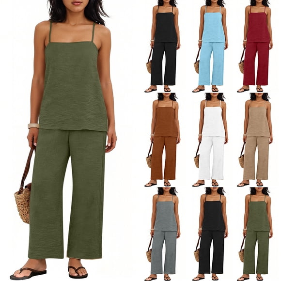 YFNNUP Lounge Sets for Women Spaghetti Strap Top & Wide Leg Pants Vacation Travel Outfits Summer Lightweight Lounge 2 Piece Set Gray XXL
