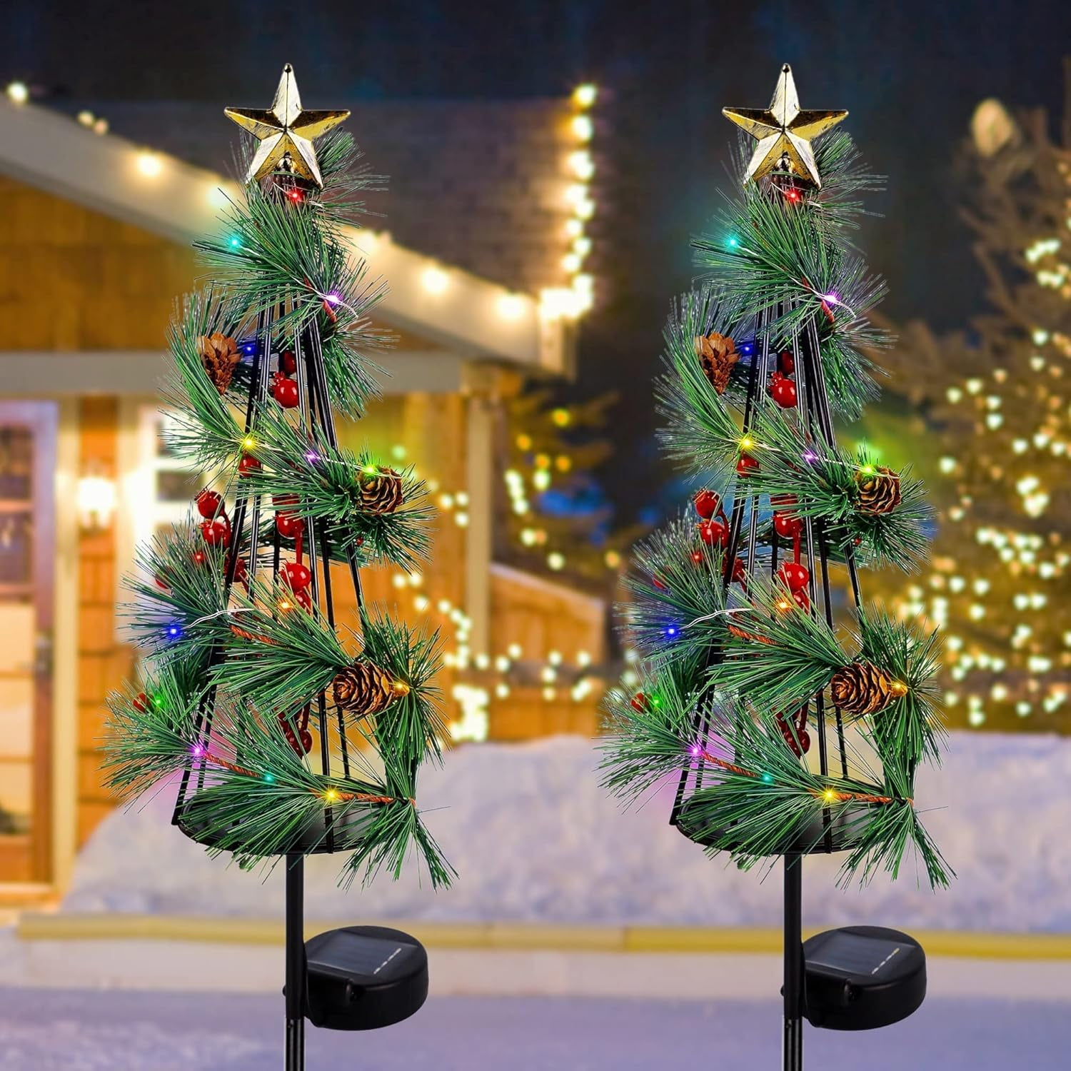 MAGGIFT Christmas Lighted Solar Stake Lights, Outdoor Solar Powered LED Xmas Tree Yard Signs with Star, Light Up Pathway Lights with Multicolor LED, Metal Tree Garden Stakes Lawn Ornament, Set of 2