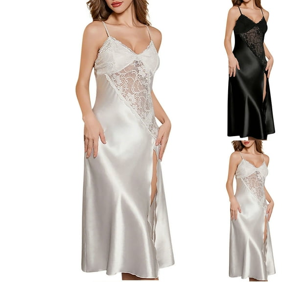 Kilaqueen Womens Long Satin Full Slip Dress Adjustable Spaghetti Strap Chemise Sexy Lace Nightgown Sleeveless Babydoll Nightie Sleep Dress