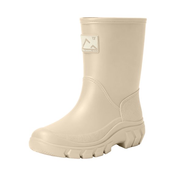 Xfvqtps Womens Pull on Mid-Calf Rain Boots Round Toe Waterproof PVC Shoes for Commute Gardening Errands