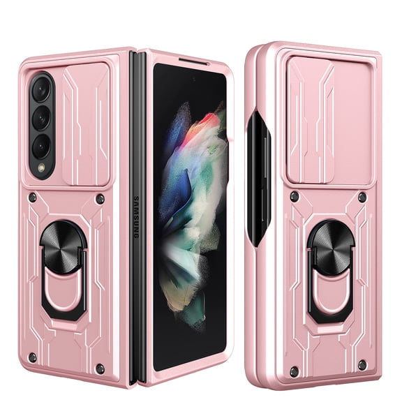 SaniMore for Samsung Galaxy Z Fold 5 Case with Sliding Camera Cover and Card Holder, Heavy Duty Protective Case with Ring Magnetic Kickstand Phone Case for Galaxy Z Fold 5 7.6" 2023, Rosegold