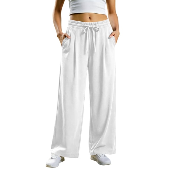 Puntoco Women’s Pleated Wide Leg Sweatpants, Drawstring Elastic Waist Side Pockets Loose Casual Pull-On Trousers White