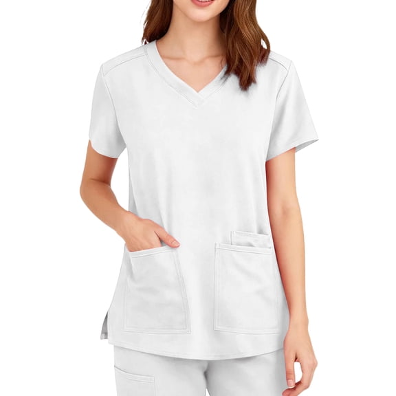 Iaqnaocc Scrubs for Women Classic Wrinkle-Resist Nurse Working Uniforms Fashion V Neck Side Slits Scrub Tops Breathable Short Sleeve Tees Blouse with Pockets White XL