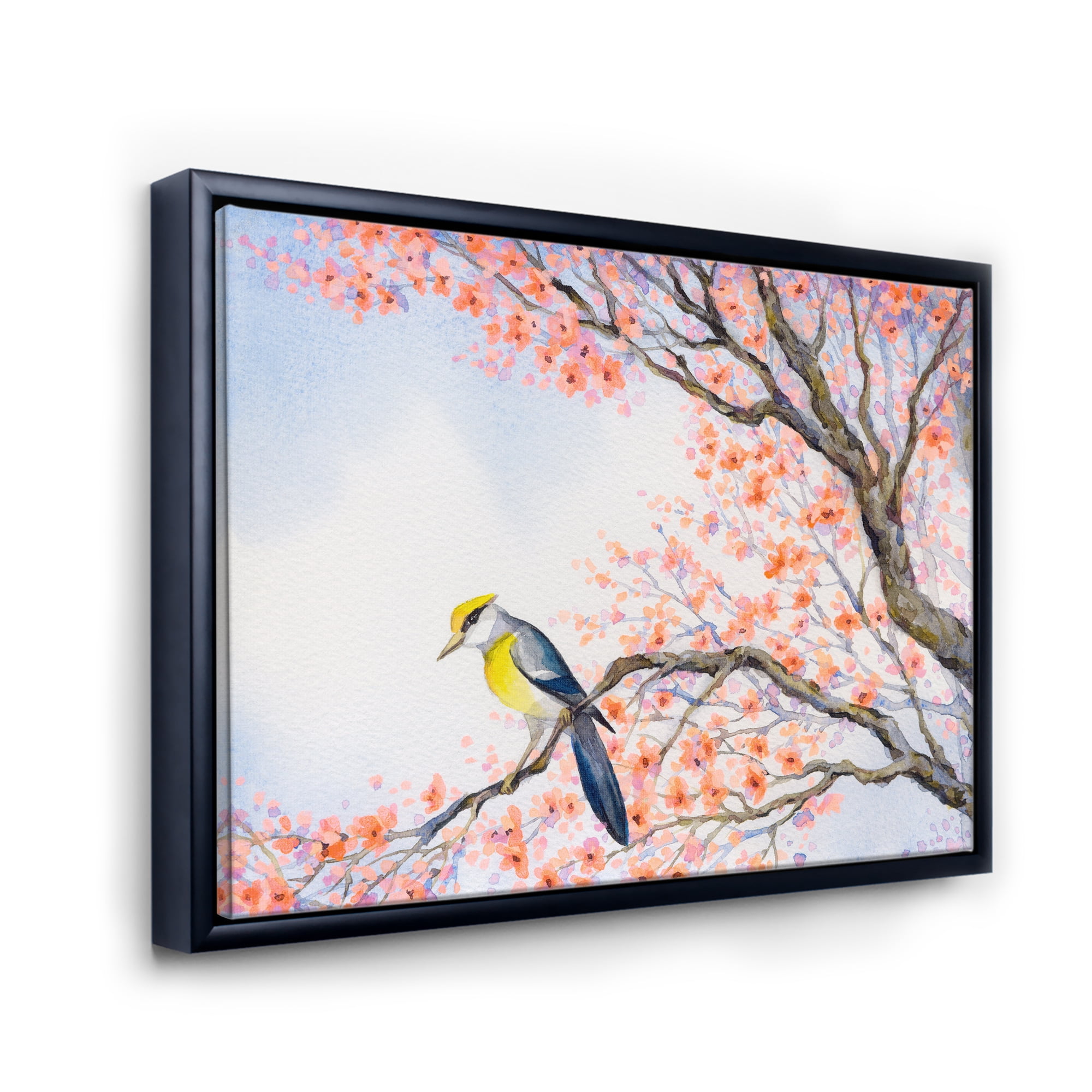 Designart 'Beautiful Blue Bird Sitting On Flowering Branch I' Traditional Framed Canvas Wall Art Print