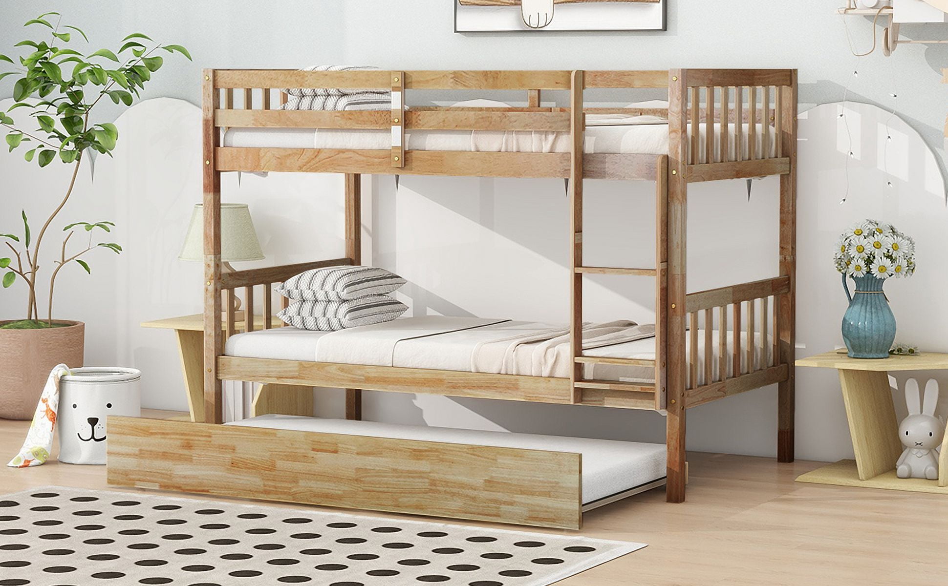 Sailvan Bunk Bed Twin Over Twin,Convertible into Two Twin Size Beds, with Ladder and Safety Guardrails,Rubber Wood