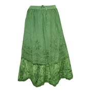Mogul Womem's Flirty Skirt Green Embroidered Elastic Waist Rayon Skirts