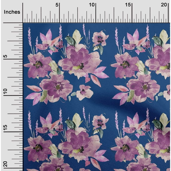 oneOone Cotton Poplin Twill Royal Blue Fabric Flower & Leaves Watercolor Craft Projects Decor Fabric Printed By The Yard 56 Inch Wide