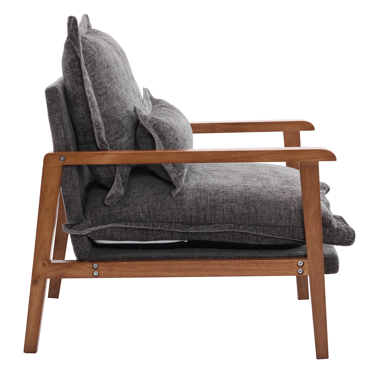 Cloud Shaped Dark Grey Chenille Accent Chair, Solid Wood Frame with Walnut Armrest, Ergonomic Single Leisure Sofa Chair with Lumbar Pillow for Bedroom Living Room Office