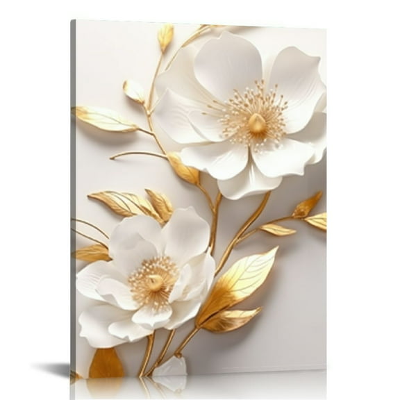COMIO Abstract White Gold Flower Canvas Wall Art White Peach Blossom White Textured Flower Picture Abstract White Flower Poster Print Modern Textured Flower Art White Gold Flower Canvas