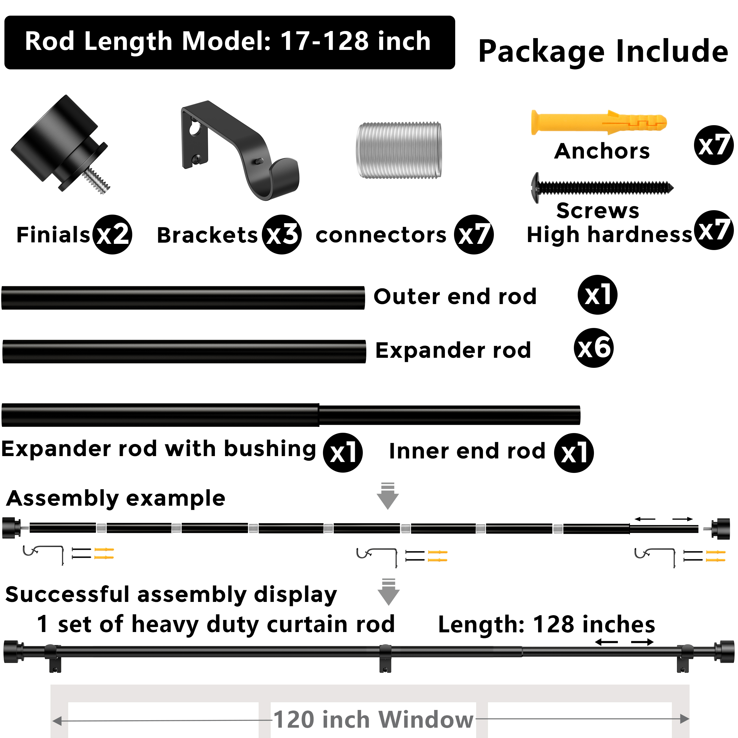 Titanock Black Curtain Rod 17 to 128 inch for Window 120 inch, Adjustable Heavy Duty Thick Matte Black Modern 10 ft