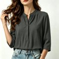 thumbnail image 2 of Asgosdo Women Tops 3/4 Sleeve Mandarin Henley Shirt Collar Solid Clothes Crinkle Textured Outfits Half Button Loose Casual Blouses All Season Womens Shirts, 2 of 4