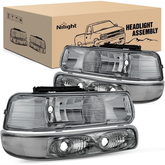 Nilight Headlight Assembly for 1999 2000 2001 2002 Chevy Silverado 1500 1500HD 2500 2500HD 3500 Chevrolet Tahoe Suburban Replacement Headlamp Housing Bumper Lights Set