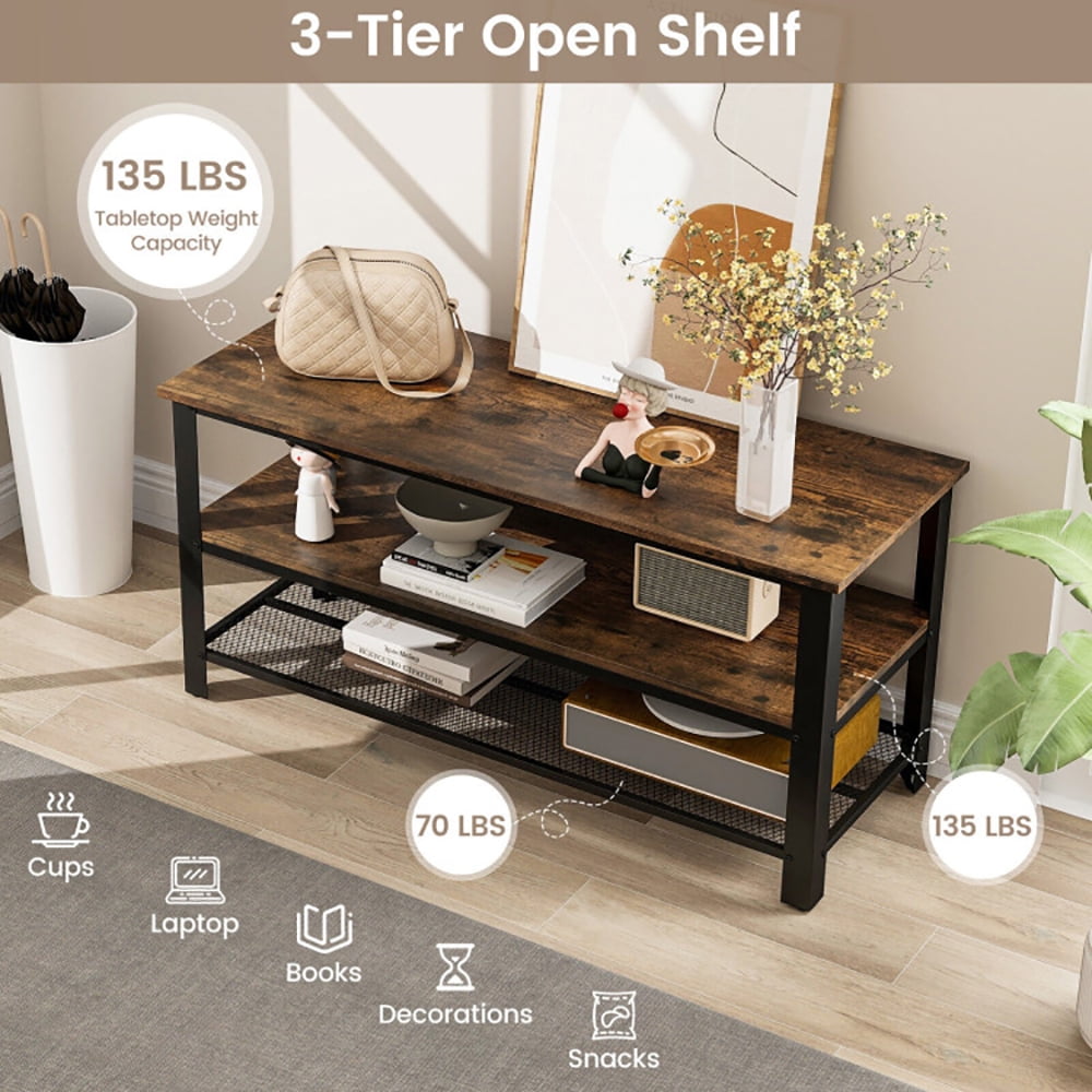 Finihen TV Stand, 3-Tier Industrial Entertainment TV Stand with Metal Mesh Shelf, Media Entertainment Center with Storage, for Living Room, Brown