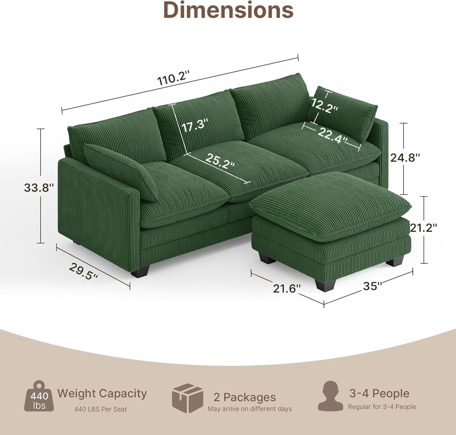 110.2" Cloud Couch Sectional, Lofka Modern Modular Sofa with Deep Seat, Upholstered Living Room Furniture Set with Movable Ottoman and 2 Throw Pillows, Green Couch