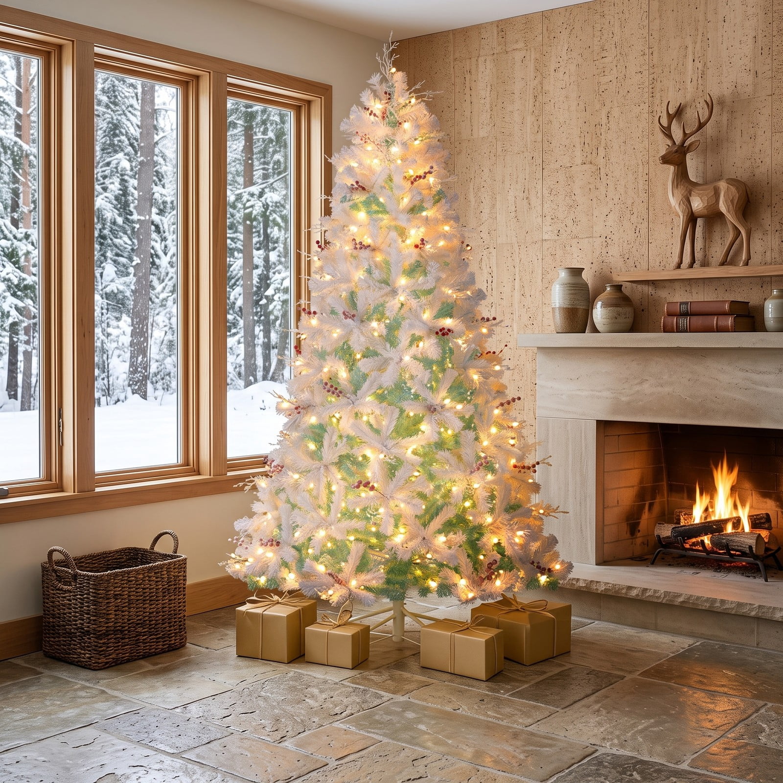 RUIE 7 FT Pre-Lit Artificial Christmas Tree with 350 Warm White LED Lights, Snow Flocked Branch Tips, Frosted Red Berries and Foldable Metal Base, White & Lake Blue