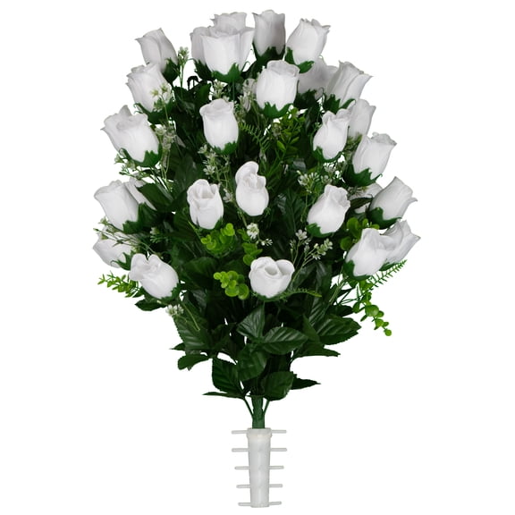 Sympathy Silks Artificial Cemetery Flowers 28" White Rose Buds for a Cemetery Vase