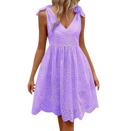Mohiass Women s Sexy Spaghetti Strap Eyelet Lace Babydoll Dress A Line Beach Party Short Sun Dress Purple M