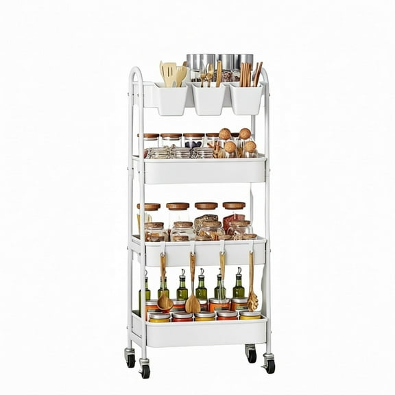 JIOABL 4-Tier Utility Cart with Locking Casters, 132 lbs Capacity, for Kitchen Bathroom Office Storage, White