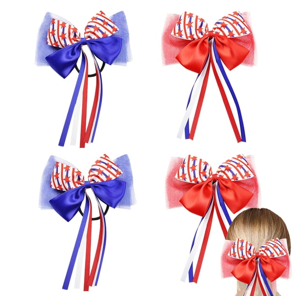 4 lazos para el pelo con purpurina de la bandera de Estados Unidos del 4 de julio, horquillas para el pelo con lazos para el pelo de animadoras patrióticas con elástico para el pelo,