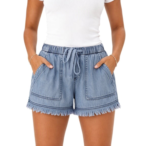 Women's Denim Shorts Frayed Hem Drawstring Elastic Waist Casual Summer Jean Shorts with Pockets