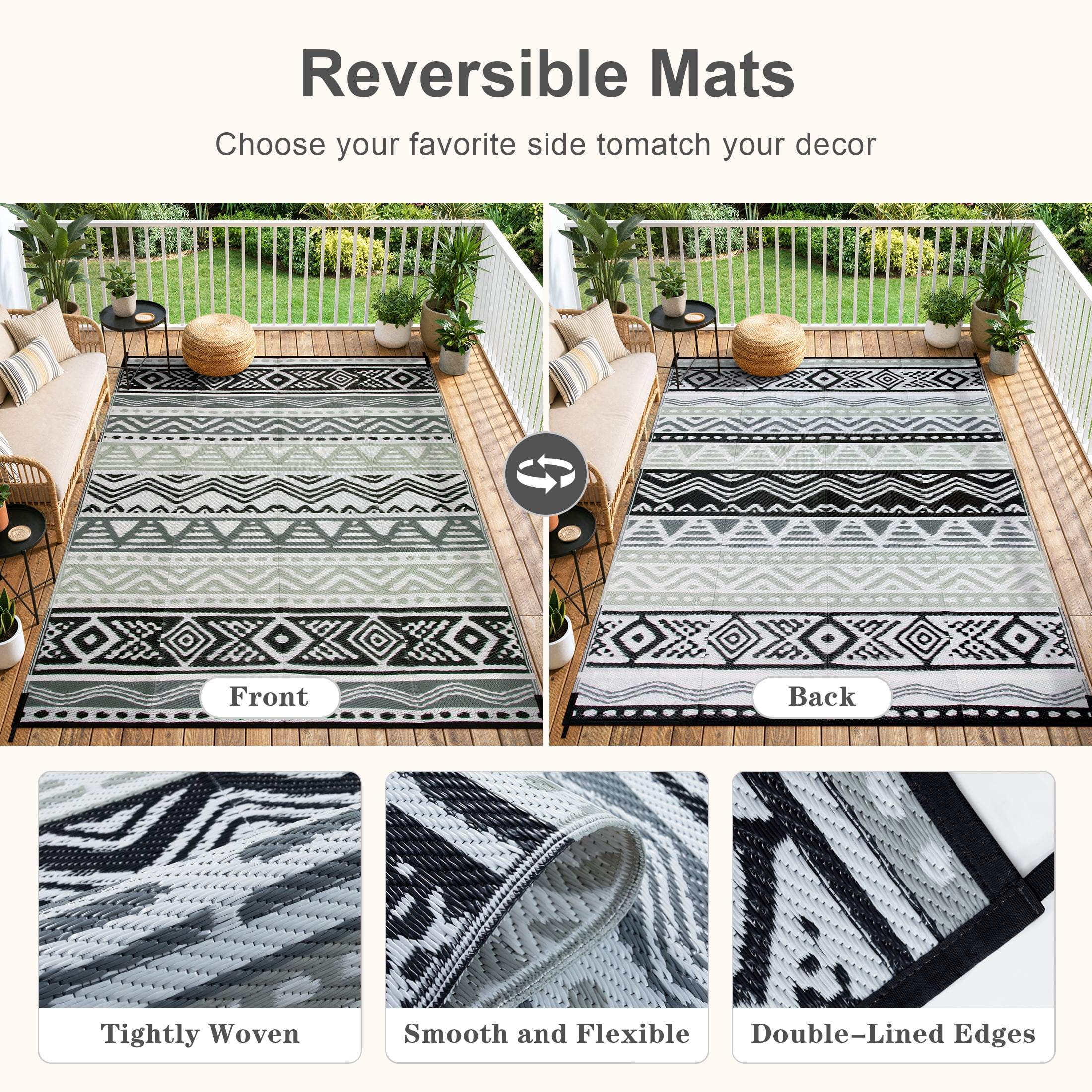 Moynesa Large Outdoor Rug Waterproof, 8'x10' Lightweight Plastic Straw Rug for Camping RV, Reversible Outside Carpet for Patio Deck Porch Balcony Picnic Tent, Black/Gray