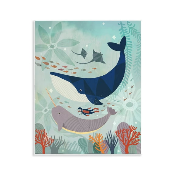 Stupell Industries Scuba Diver Among Whales Nautical & Beach Painting Unframed Art Print Wall Art, 11 x 14