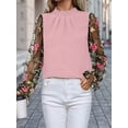 thumbnail image 6 of Women'S Floral Embroidery Mesh Mock Neck Flare Long Sleeve Blouse Top Pink XL, 6 of 9