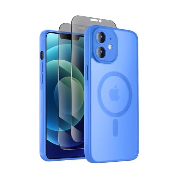 Eryueer Designed for iPhone 12 Case, Compatible with MagSafe, with Privacy Screen Protectors X2, [Camera Protection] [15FT Military Drop Protection] Shockproof Phone Case, 6.1", Blue