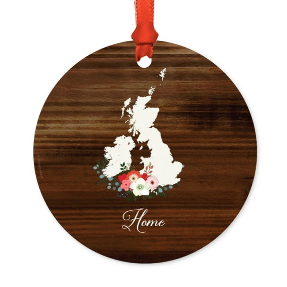 Round Metal Christmas Ornament, Rustic Wood with Florals Home, England United Kingdom UK, Includes Ribbon and Gift Bag