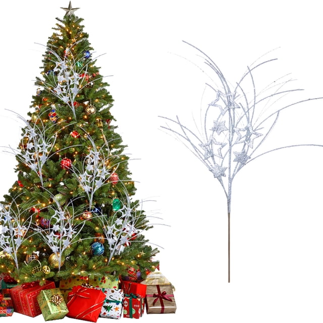 Ramilletes de Flores Navideñas Largas de 80 Cm (32 Pulgadas) con Polvo Dorado, Lentejuelas y Bayas. Decoración Navideña de Plástico Plateado. Paquete de 1 Unidad.