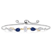 Gem Stone King 925 Silver and 10K Yellow Gold White Moissanite and Blue Sapphire and Lab Grown Diamond Tennis Bracelet for Women By Keren Hanan (1.74 cttw, Adjustable up To 9 inch)
