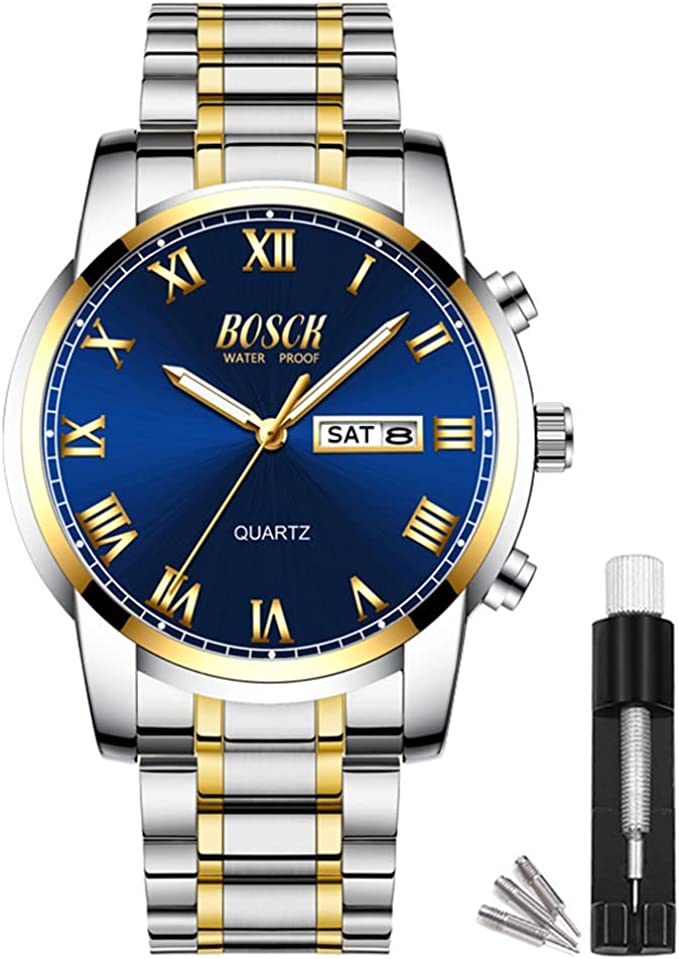 BOSCK Watches for Men,Analog Mens Watch 42mm Large Face Easy Read Stainless Steel Business Watch