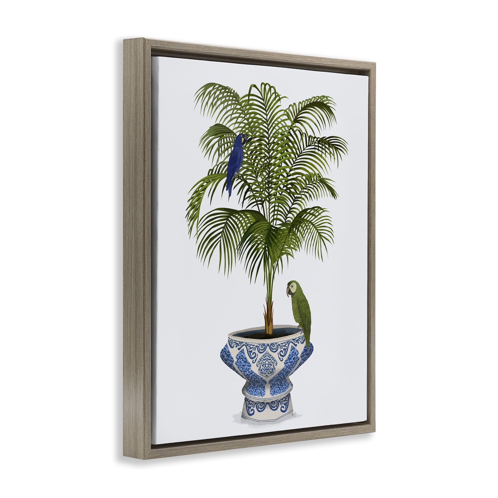 Stupell Industries Parrots on Ornate Planter Botanical & Floral Painting Brown Floater Framed Canvas Art Print Wall Art, 17 x 21