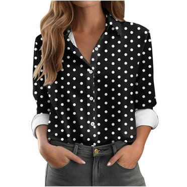 Blouses for Women Fashion, 2024 Long Sleeve Lapel Button Down Shirts Dressy Casual Tops Regular Casual Spot Printed Casual Shirt V Neck Trendy Tunics